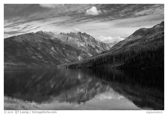 Mountains reflected in Kintla Lake. Glacier National Park (black and white)