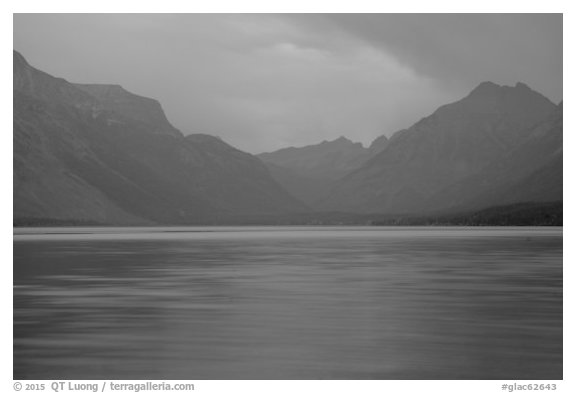 Blue colors of Lake McDonald at dusk. Glacier National Park (black and white)