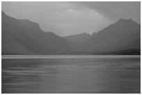 Blue colors of Lake McDonald at dusk. Glacier National Park ( black and white)