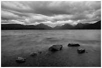 Rain clouds, turbulent waters, and rocks, Lake McDonald. Glacier National Park ( black and white)