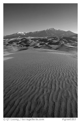 Sand ripples and Sangre de Christo mountains in winter. Great Sand Dunes National Park, Colorado, USA.