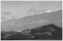 Distant view of the dune field and Sangre de Christo mountains at sunset. Great Sand Dunes National Park, Colorado, USA. (black and white)