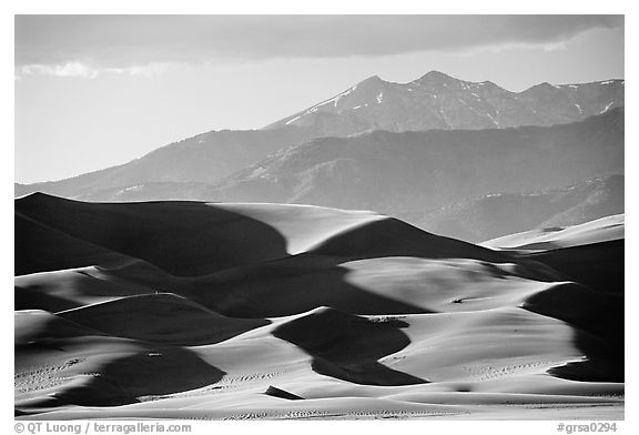 Distant view of dunes and Sangre de Christo mountains in late afternoon. Great Sand Dunes National Park, Colorado, USA.