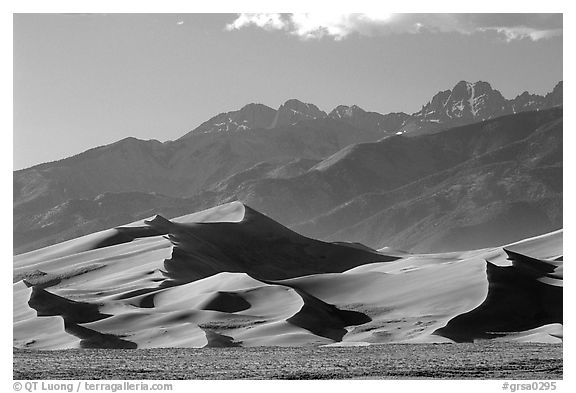 Distant view of Dunes and Crestone Peaks in late afternoon. Great Sand Dunes National Park and Preserve (black and white)
