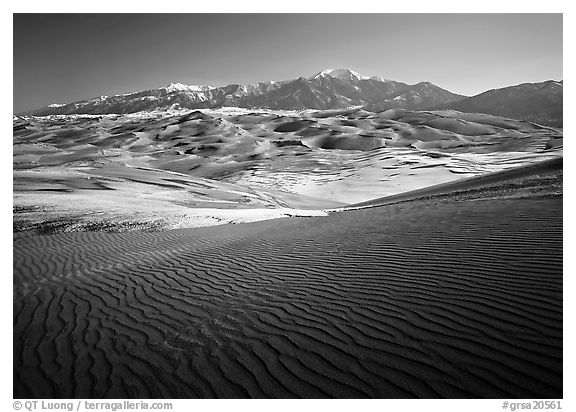 Rippled dunes and Sangre de Christo mountains in winter. Great Sand Dunes National Park (black and white)