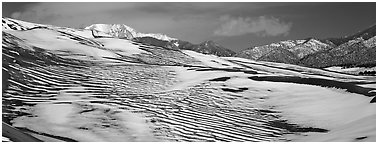 Melting snow on sand dunes. Great Sand Dunes National Park and Preserve (Panoramic black and white)