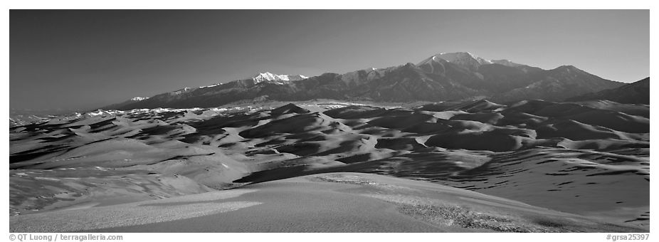 Sand dunes and Sangre de Christo mountains in winter. Great Sand Dunes National Park (black and white)