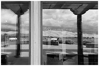 Dune field, visitor center window reflexion. Great Sand Dunes National Park, Colorado, USA. (black and white)