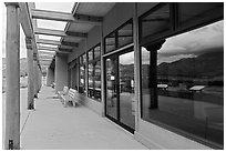 Large windows reflection landscape in visitor center. Great Sand Dunes National Park, Colorado, USA. (black and white)