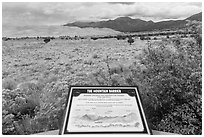 Dune field interpretative sign. Great Sand Dunes National Park, Colorado, USA. (black and white)