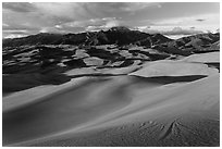 Dune field and Sangre de Cristo mountains at sunset. Great Sand Dunes National Park, Colorado, USA. (black and white)