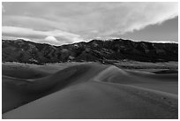Dunes and Mount Zwischen at dusk. Great Sand Dunes National Park, Colorado, USA. (black and white)