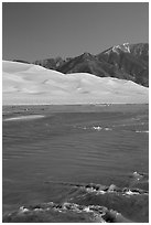 Medano creek, Sand Dunes, and Sangre de Cristo Mountains. Great Sand Dunes National Park, Colorado, USA. (black and white)