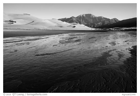 Medano Creek, dunefield, and mountains in autumn. Great Sand Dunes National Park and Preserve (black and white)