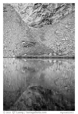 Talus and reflection, Lower Sand Creek Lake. Great Sand Dunes National Park and Preserve (black and white)