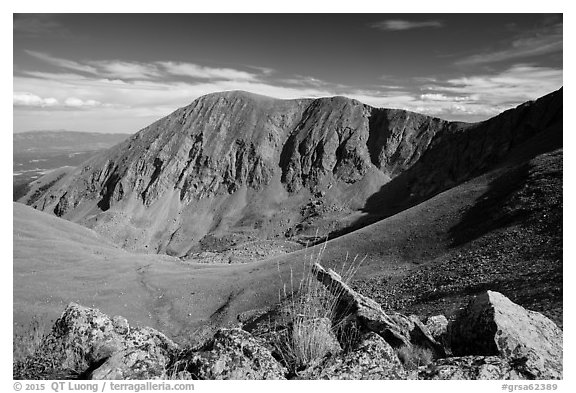 Barren alpine slopes below Mount Herard. Great Sand Dunes National Park and Preserve (black and white)