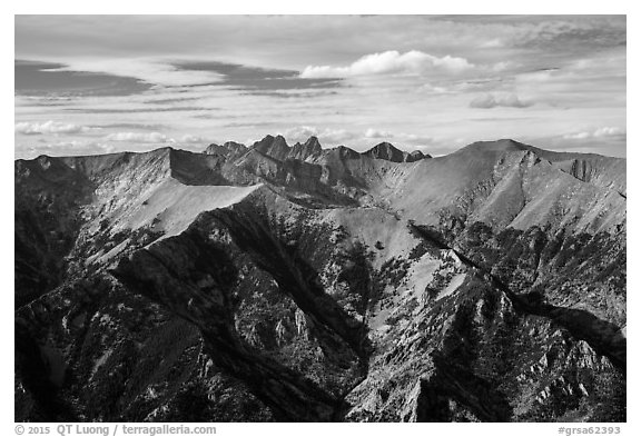 Rocky Sangre de Cristo mountain brightened by aspens in fall foliage. Great Sand Dunes National Park and Preserve (black and white)