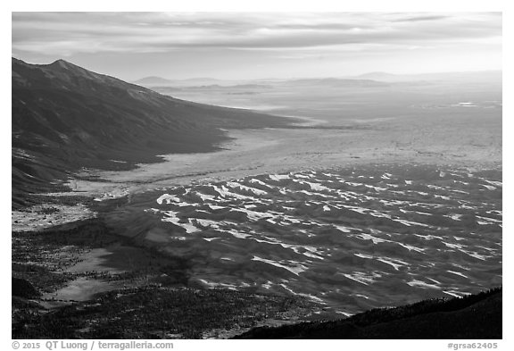 The 750 feet dunes look small from  alpine summit of 13,297 feet Mt. Herard. Great Sand Dunes National Park and Preserve (black and white)