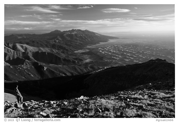 Visitor looking, Mount Herard. Great Sand Dunes National Park and Preserve (black and white)