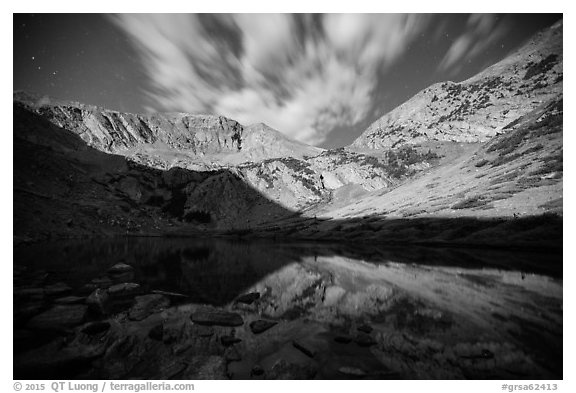 Medano Lake reflecting Mount Herard at night. Great Sand Dunes National Park and Preserve (black and white)