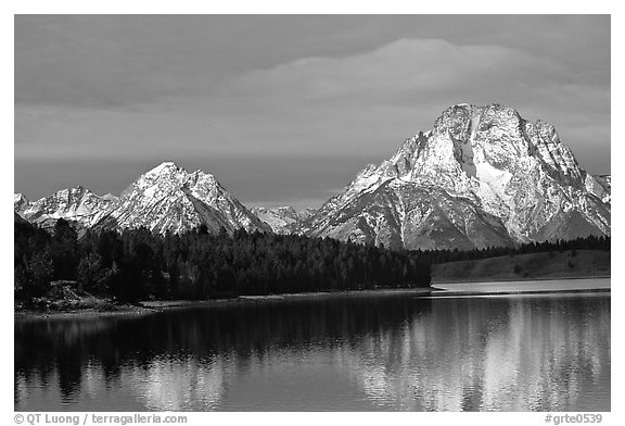 Mt Moran in early winter, reflected in Oxbow bend. Grand Teton National Park (black and white)