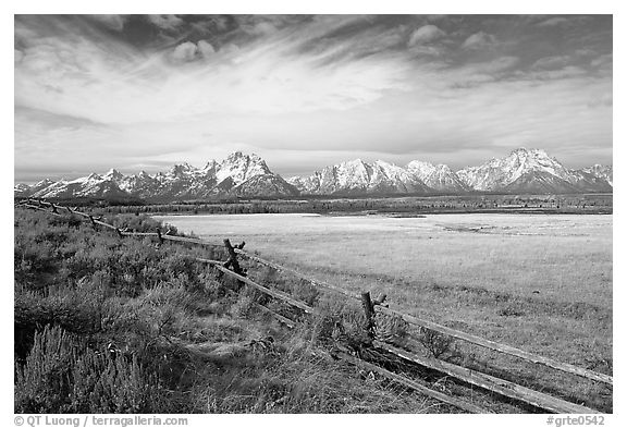 Fence and Teton range in fall. Grand Teton National Park (black and white)