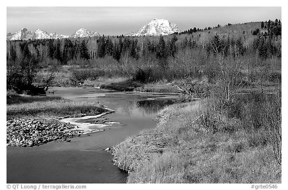 Stream, with Mt Moran emerging from ridige, late fall. Grand Teton National Park (black and white)