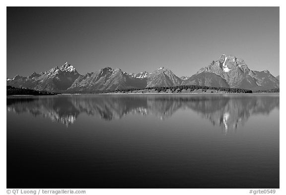 The Teton range above blue Jackson lake. Grand Teton National Park (black and white)