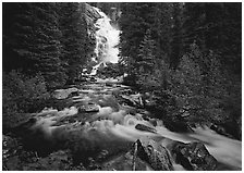 Hidden Falls, stream, and forest. Grand Teton National Park, Wyoming, USA. (black and white)