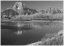 Mt Moran reflected in Oxbow bend in autumn. Grand Teton National Park, Wyoming, USA. (black and white)