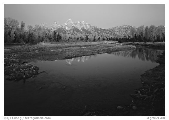 Teton range reflected in water at Schwabacher Landing, sunrise. Grand Teton National Park (black and white)