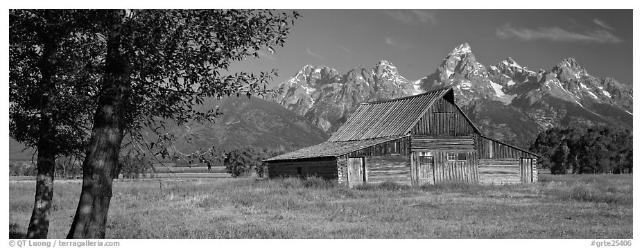 Rustic barn and Grand Teton range. Grand Teton National Park (black and white)