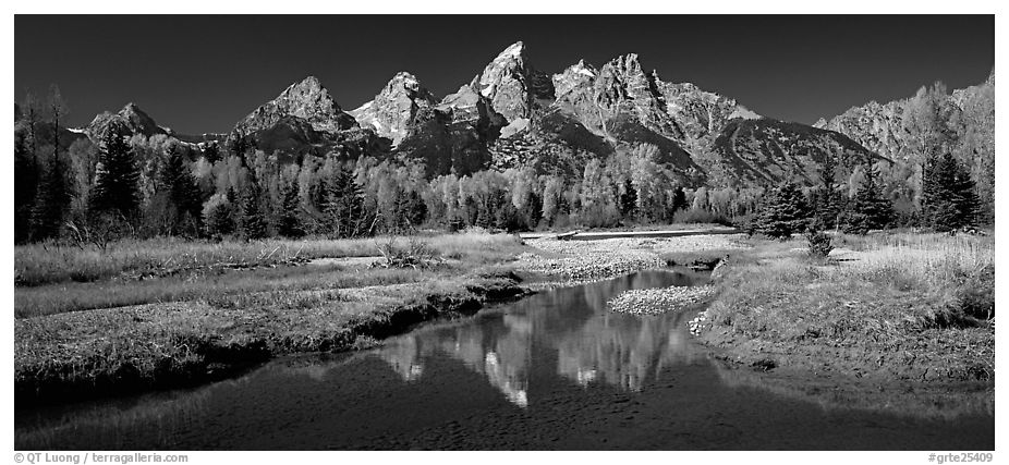 Mountains and fall colors reflected in pond, Schwabacher Landing. Grand Teton National Park (black and white)