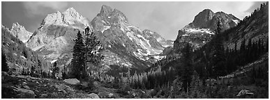 Mountain scenery with dramatic peaks. Grand Teton National Park (Panoramic black and white)
