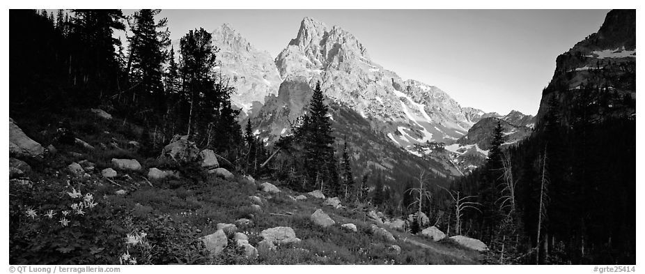 Rugged peaks lit by last light. Grand Teton National Park (black and white)