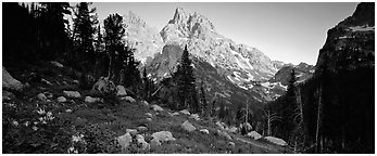Rugged peaks lit by last light. Grand Teton National Park (Panoramic black and white)