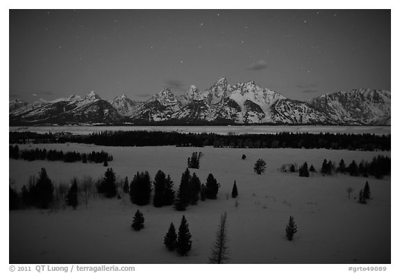 Teton range at night in winter. Grand Teton National Park (black and white)