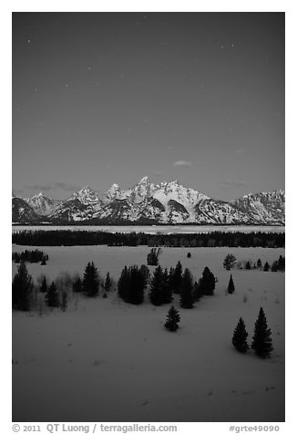 Night view of Teton range in winter. Grand Teton National Park (black and white)