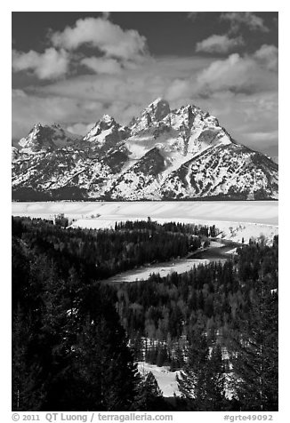 Snake River bend and Grand Teton in winter. Grand Teton National Park (black and white)