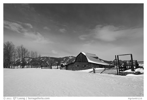 Moulton homestead, Mormon row historic district, winter. Grand Teton National Park (black and white)