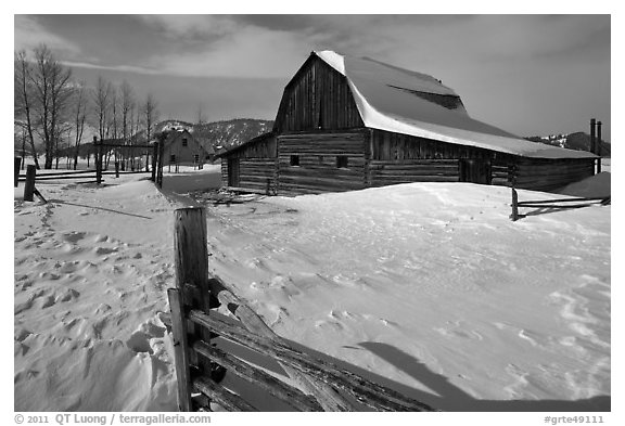 Historic Mormon Row homestead in winter. Grand Teton National Park, Wyoming, USA.