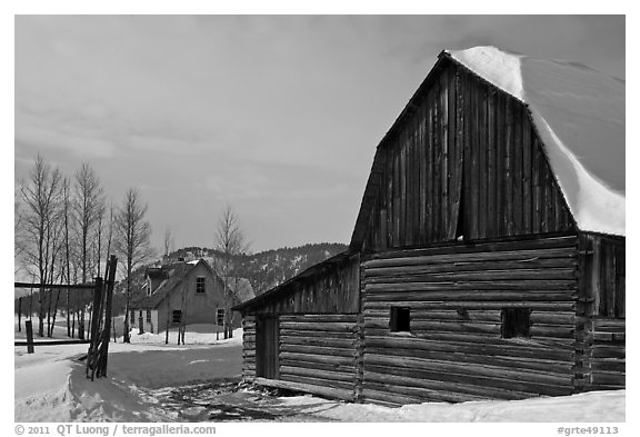 Moulton barn and house in winter. Grand Teton National Park (black and white)