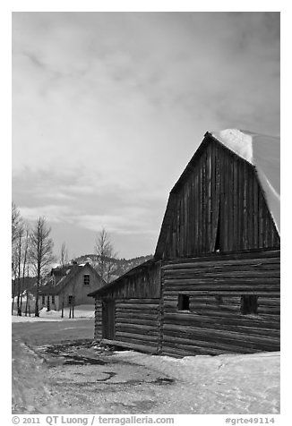Wooden barn and house, Moulton homestead. Grand Teton National Park (black and white)