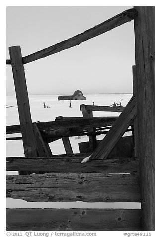 Fences, winter plain, and Murphy homestead. Grand Teton National Park, Wyoming, USA.