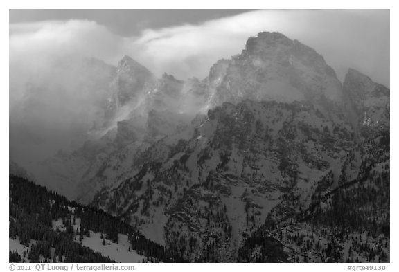 Cloud-capped Teton range, winter afternoon. Grand Teton National Park (black and white)