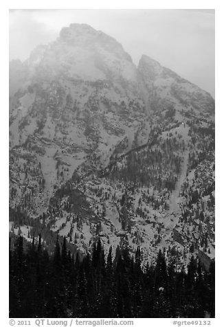 Towering mountain in winter. Grand Teton National Park (black and white)