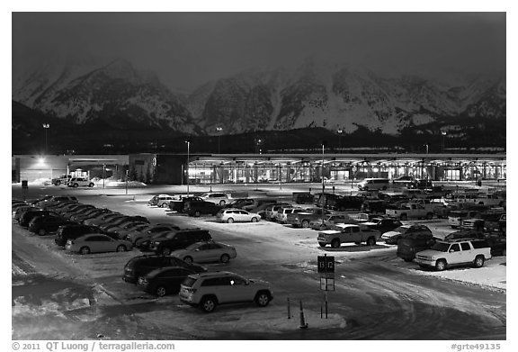 Jackson Hole airport at night. Grand Teton National Park, Wyoming, USA.