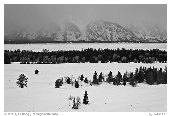 Snake River plain and Teton Range foothills in winter. Grand Teton National Park, Wyoming, USA.