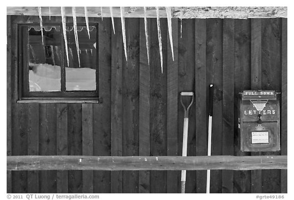 Icicles and mail box, Kelly. Grand Teton National Park, Wyoming, USA.