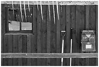 Icicles and mail box, Kelly. Grand Teton National Park, Wyoming, USA. (black and white)